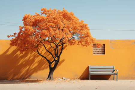 Bench and an orange tree in front of a vibrant yellow wall on the street. Created with Generative AI technologyの素材