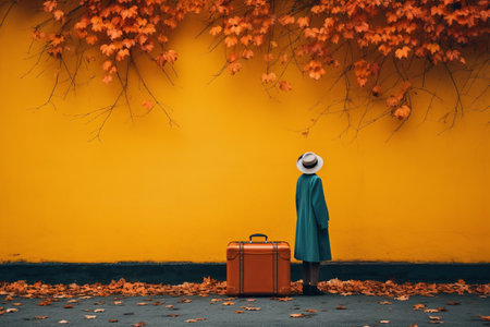 Person with suitcase standing in front of yellow wall admiring beauty of autumn foliage. Created with Generative AI technologyの素材