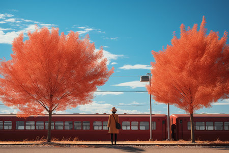 Woman standing in front of red train between two orange autumn trees. Created with Generative AI technologyの素材