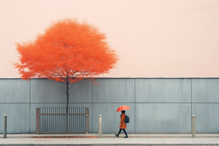 Woman with an umbrella walking on a sidewalk with vibrant orange tree. Created with Generative AI technologyの素材