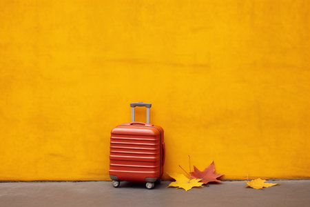 Red suitcase and some autumn leaves on yellow wall background. Created with Generative AI technologyの素材