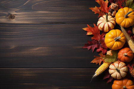 Festive fall decorations with pumpkins, corns and fall leaves on wooden background. Created with Generative AI technologyの素材