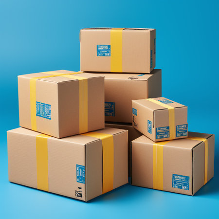 Stack of cardboard boxes on blue background. Created with Generative AI technologyの素材