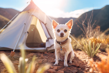 Adorable chihuahua dog sitting in front of tent outdoors on sunny day. Created with Generative AI technologyの素材