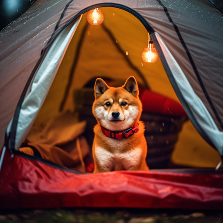 Dog sitting inside of tent with light bulb, looking at the rain outside. Created with Generative AI technologyの素材