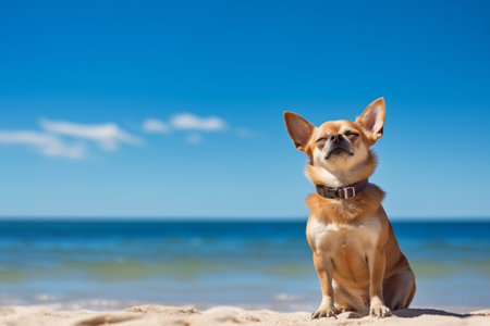 Cute Chihuahua sitting at the beach enjoying the sun. Created with Generative AI technologyの素材
