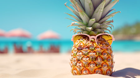 Pineapple wearing pink sunglasses at a sunny beach. Created with Generative AI technologyの素材
