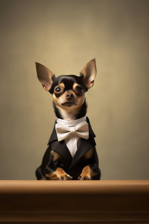 Sophisticated chihuahua dog in tuxedo style collar sitting in front of wooden platform. Created with Generative AI technologyの素材