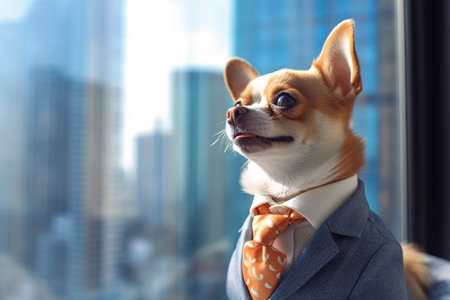 Small chihuahua dog in suit and tie with blurry cityscape background. Created with Generative AI technologyの素材
