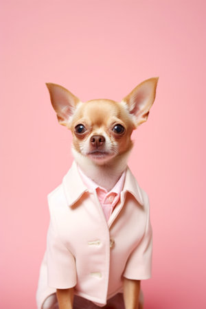 Stylish chihuahua dressed in pink shirt and coat. Created with Generative AI technologyの素材