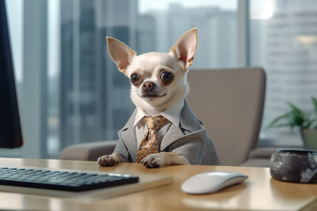 Chihuahua dog in suit and tie working at the desk in office. Created with Generative AI technologyの素材