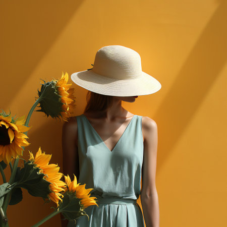 Woman in a white hat and romantic dress standing next to sunflowers on yellow background. Created with Generative AI technologyの素材