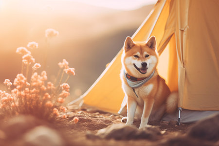Dog sitting in front of yellow tent with sunlight. created with Generative AI technologyの素材