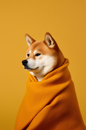 Cozy shiba inu dog wrapped in a blanket on mustard yellow background. Created with Generative AI technologyの素材
