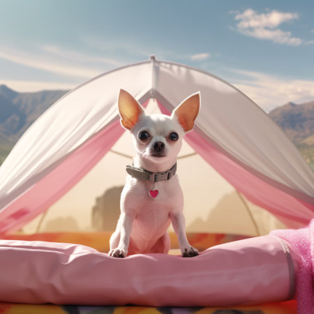 Dog in front of tent resting on pink sleeping bag outdoors with beautiful landscape in the back. Created with Generative AI technologyの素材