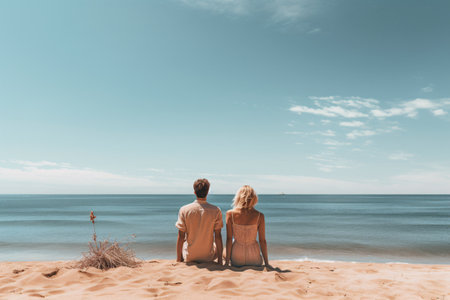 Couple sitting side by side on the beach facing the ocean. Created with Generative AI technologyの素材