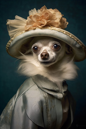 Cute dog in fancy hat with floral design and vintage dress. Created with Generative AI technologyの素材