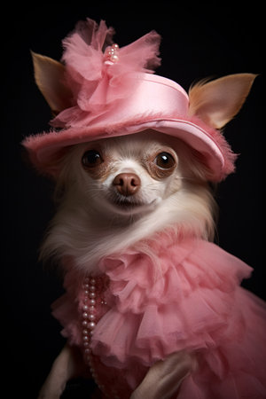 Cute dog in pink fancy hat and tiered dress with pearl jewelry. Created with Generative AI technologyの素材