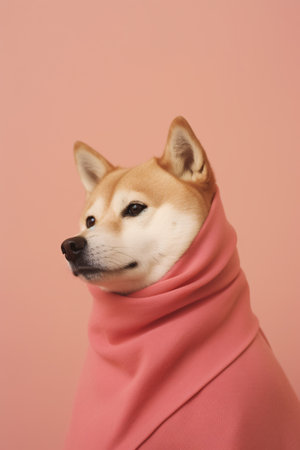 Cozy shiba inu dog wrapped in blanket on pink background. Created with Generative AI technologyの素材