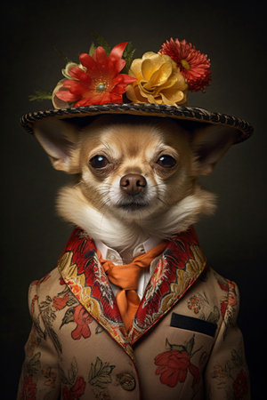 Portrait of cute dog in vibrant floral hat and vintage style floral pattern suit. Created with Generative AI technologyの素材