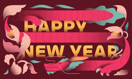 CNY year of the dragon greeting card with abstract floral and dragon design on maroon background.のイラスト素材