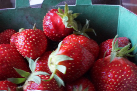 Fresh, juicy strawberries glowing in vibrant red, gently arranged on a light background that highlights their glossy texture and natural deliciousness.の写真素材