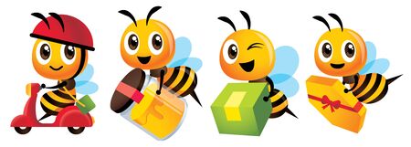 Cartoon cute bee mascot set. Cartoon cute bee deliver product set. Cute bee ride scooter, cute bee carry organic honey bottle - Vector character illustration isolatedのイラスト素材