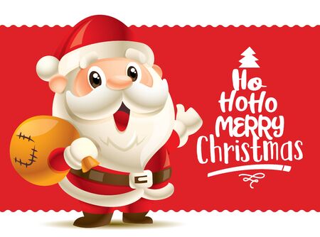 Merry Christmas. Cute Santa Claus with big red signboard. Merry Christmas lettering greeting card  - Vectorのイラスト素材