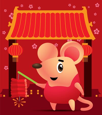 Happy New Year 2020. The year of Rat. Cute rat cartoon character is playing firecracker in Chinatown background. - vectorのイラスト素材