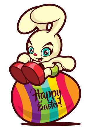 Cute happy easter bunny sit on top of painted colourful egg. Painted egg with happy easter.のイラスト素材