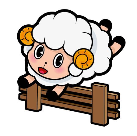 Cartoon character cute happy little sheep jumping over the brown fence - vector isolatedのイラスト素材