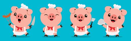 Cartoon cute pig chef mascot series. Cartoon cute pig holding kitchen toolsのイラスト素材