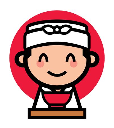 Cute Japanese chef with happy smiling and holding a bowl of Japanese noodles soup, vector mascot character illustrationのイラスト素材