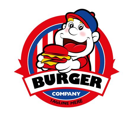 Cartoon cute Fat boy eating a big burger with signboard. Burger delivery service - vectorのイラスト素材