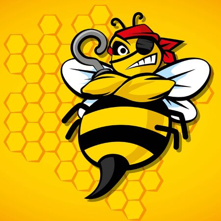 Angry pirate bee for sport team. Cartoon bee vector illustration. Yellow background. Honey comb pattern.のイラスト素材