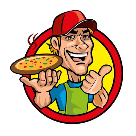 Pizza chef wearing red cap, holding a yummy pizza, good hand sign. vector mascot character illustrationのイラスト素材