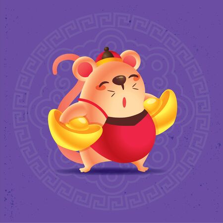 Chinese New Year 2020. Cute rat carrying big gold ingots with traditional oriental ornament design on purple background - vectorのイラスト素材