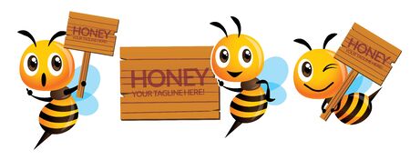 Cartoon cute bee mascot set. Cartoon cute bee with natural wooden signage or signboard - Vector character illustration isolatedのイラスト素材