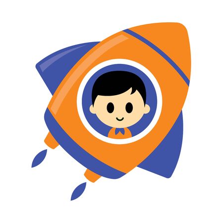 Back to school. Cartoon happy child flying with rocket. - Flat art vector iconのイラスト素材