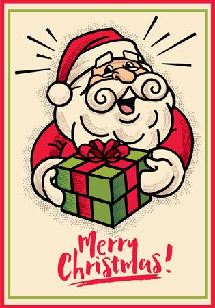 Merry Christmas! Retro vintage style Santa Claus character holding Christmas present gift -vector retro mascotのイラスト素材