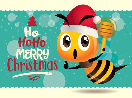 Merry Christmas. Cute bee holding honey dipper with big turquoise signboard. Merry Christmas lettering greeting card  - Vectorのイラスト素材