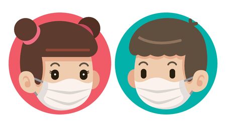 Flat art of female and male wearing protective surgical mask iconsのイラスト素材