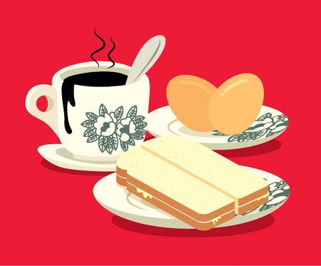 Breakfast set. Traditional oriental style coffee, half boiled eggs and kaya butter toast set on red colour background. Vintage Nanyang style coffee cup and plate. Translation: Coconut jam- flat artのイラスト素材