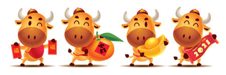 Happy Chinese New Year 2021. Cartoon cute Ox character set holding Red Packet, Tangerine Orange, Gold Ingot and Scroll couplet. The year of the Ox. Translation: lucky  - Vectorのイラスト素材
