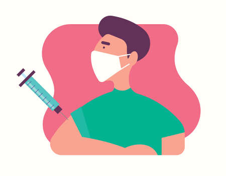 World Pandemic. Coronavirus Vaccination for people. A man wear protective face mask and received vaccine to prevent attack by coronavirus.  Stay Healthy with vaccination.のイラスト素材