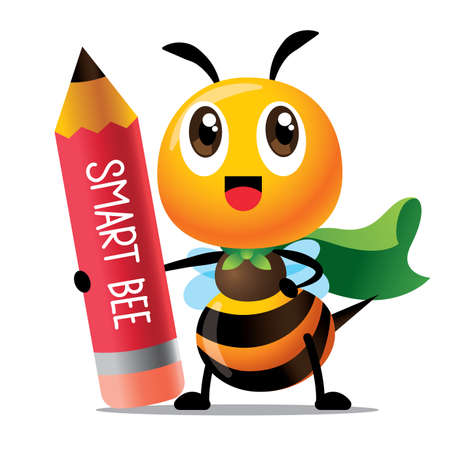 Back to school. Cartoon cute bee character with superhero cloak holding a big red pencil with big letter on pencil surfaceのイラスト素材