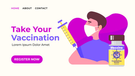 Landing web page template of Vaccination Registration. Modern flat design web banner of patient take vaccine injection and vaccine bottle vector illustrationのイラスト素材