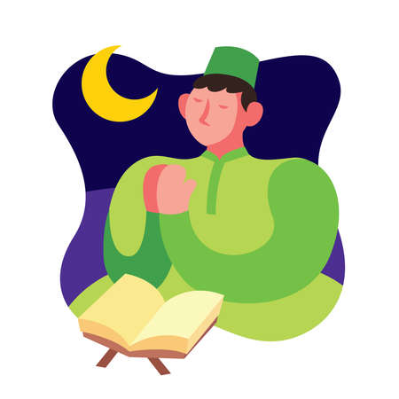 Happy Ramadan and Eid Mubarak Kareem. Muslim prayer praying with Quran on Islamic festival seasonal. - vector illustrationのイラスト素材