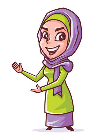 Beautiful smiling young muslim lady with hijab presenting and pointing something on white backgroundのイラスト素材