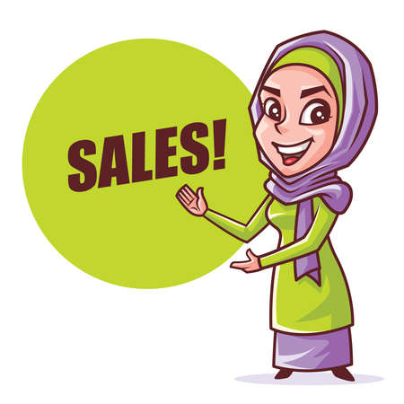 Ramadan Kareem Sale. Cartoon Beautiful young Muslim lady in hijab introducing and pointing big Sales green signboard for Ramadan festival.のイラスト素材